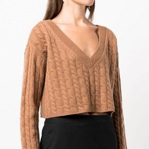 Alice + Olivia Ayden Camel Cashmere Wool Cropped V-Neck Cabled Knit Sweater